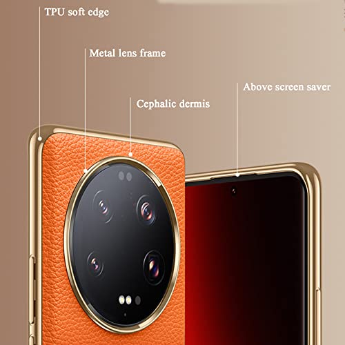 KVIBEO Coque pour Xiaomi 13 Ultra, Cuir Véritable Galvanoplastie Cadre Coque avec Protection Caméra Antichoc Anti-Empreintes Housse,Orange – vue 4
