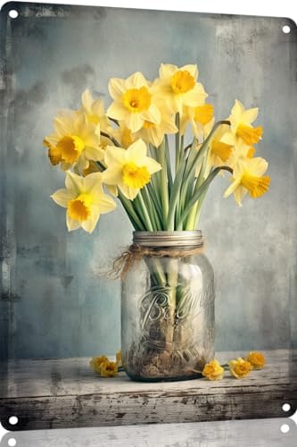 Jar with Daffodil Floral Bouquet Farmhouse Metal Tin Sign Spring Flowers Wall Decor Funny Decoration for Home Kitchen Bar Garage Vintage Retro Poster Plaque Tin Signs 12X8 Inches443