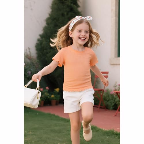 Image of Girls Summer Lettuce Trim Ribbed Knit Short Sleeve T-Shirts Solid Color Casual Blouse Tops