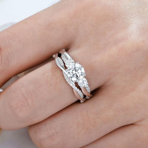 Wuziwen Three Stone Engagement Rings for Women Bridal Sets Wedding Ring for Her Eternity Band CZ 925 Sterling Silver3