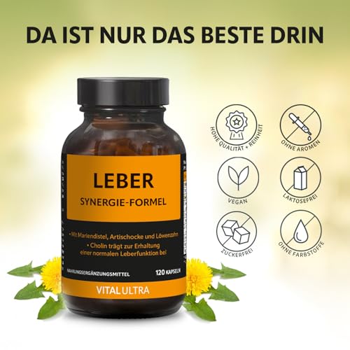 Vital Ultra Leber Synergie-Formel – mit Cholin zur Unterstützung von Leberfunktion und Fettstoffwechsel* sowie Vitamin B6, Mariendistel, Curcumin und wertvollen Pflanzenstoffen – 120 vegane Kapseln
