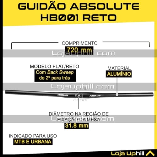 Guidão MTB Absolute 31.8 X 720mm Alumínio Reto Preto HB001 Para Ciclismo Mountain Bike Bicicletas Co