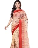 dB DESH BIDESH Women's Tant Cotton Saree Without Blouse Piece 5.6 Mtr Cream Red