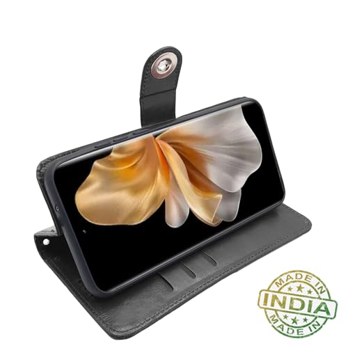 Image of Pikkme Vivo V30 Pro 5G Flip Cover Leather Finish | Inside TPU with Card Pockets | Wallet Stand and Shock Proof | Complete Protection Button Flip Case (Black)