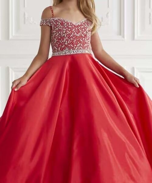 Satin Flower Girl Dress Off Shoulder Princess Pageant Dresses for Girls Sparkling Beaded Prom Ball Gown4