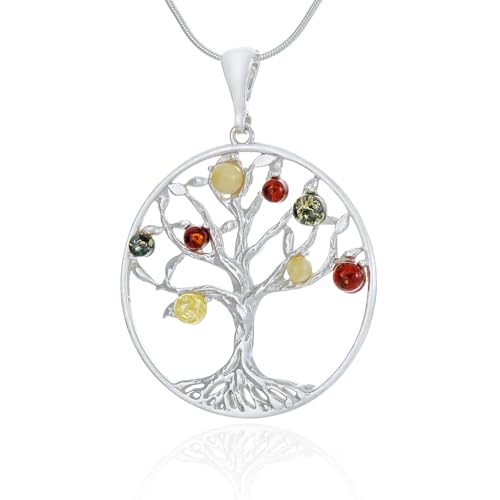 Collier arbre de vie en argent et ambre de la Baltique multicolore pour femme