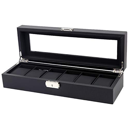 KHKH 6-Watch Box Carbon Fiber Design with Glass Top Watch Box Organizer Watch Case for Men Women Watch Holder Black (Black)