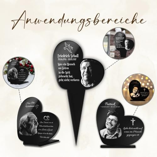 CHRISCK design Gedenktafel mit Gravur Fotogravur - Grabstein für verstorbene Menschen Herz stehend - Grabschmuck graviert für Hunde & Katzen - Grabplatte im Kerzenschein Leuchtend - Gedenkstandbilder