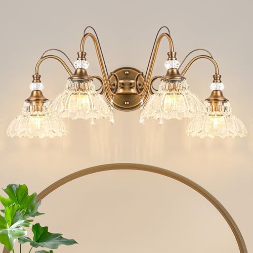 Image of Vintage Bathroom Vanity Light, 4-Light Matte Antique Brass Finish Wall Sconce with Hanging Crystal Accents and Flower-Shaped Clear Glass Shades, Retro Wall Mount Vanity Light Over Mirror for Bathroom