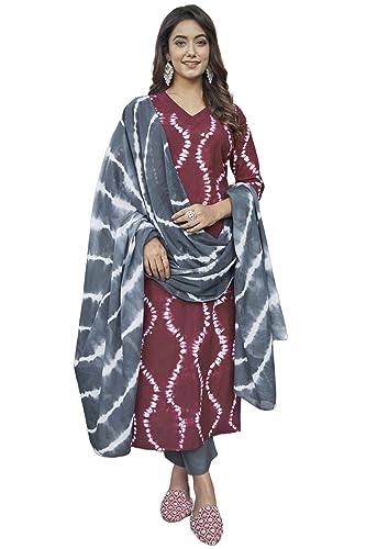 Image of GoSriKi Women's Cotton Blend Straight Printed Kurta with Pant & Dupatta