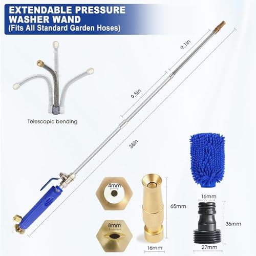 THE WHITE SHOP High Pressure Power Washer Wand With 3 Sprayer Nozzle, 38 Inch Garden Hose Nozzle Sprayer Flexible Watering Wand for Gutter Patio Car Pet Plants Window Cleaning Tool (Blue)