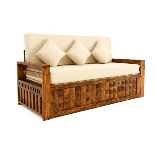 Image of SONA ART & CRAFTS Diamond Sheesham Wood Sofa Cum Bed 3 Seater with Storage and Side Pockets for Living Room Organizer Furniture Sofa Bed Home, Bedroom (Natural Finish)