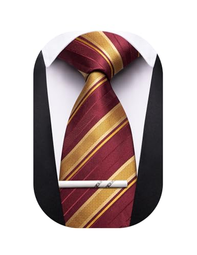 Image of Barry.Wang Silk Men Ties Formal Stripes Necktie and Tie Clip for Wedding Party Business Fashion Classic