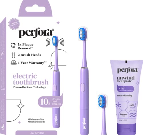 Image of Perfora Electric Toothbrush,2 Modes,Aaa Powered,2 Brush Heads,90 Days Battery|1 Year Warranty|Electric Brush,Electric Toothbrush For Men,Women & Kids,002-Lavender (Brush-Toothpaste Combo),2 count