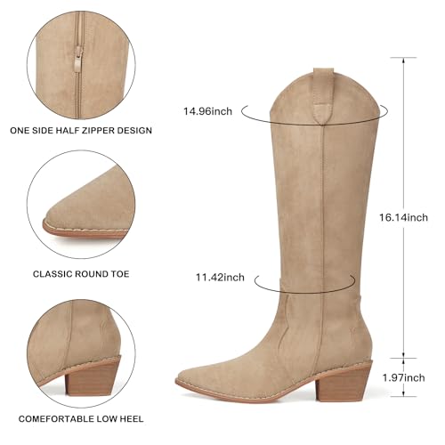 Image of SHIBEVER Cowgirl Boots Knee High: Womens Western Cowboy Boots Wide Calf Apricot Low Heeled Put on Suede Tall Booties Size 6.5