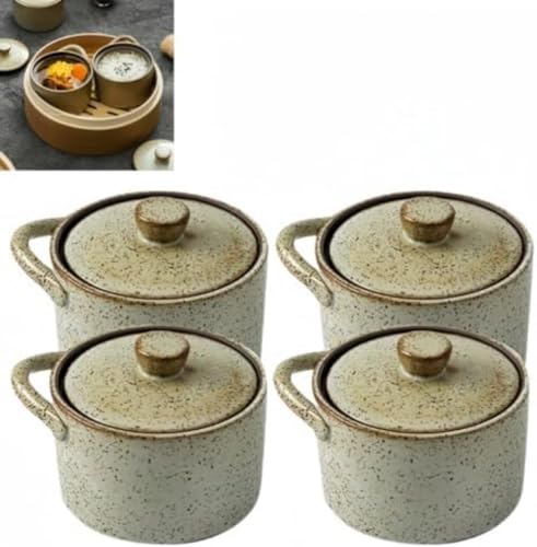 Livmorx 茶、スープ碗 デザート蒸し器 蓋付き 餐具 器皿 皿 陶器 旅館 和風餐具 業務用 飲食業 (4個入り)