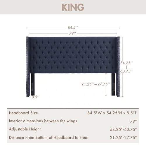 Image of Madison Park King Wingback Upholstered Tufted Headboard, Featuring High-Density Sponge Padding, Adjustable Height Headboard, Easy Assembly, Navy