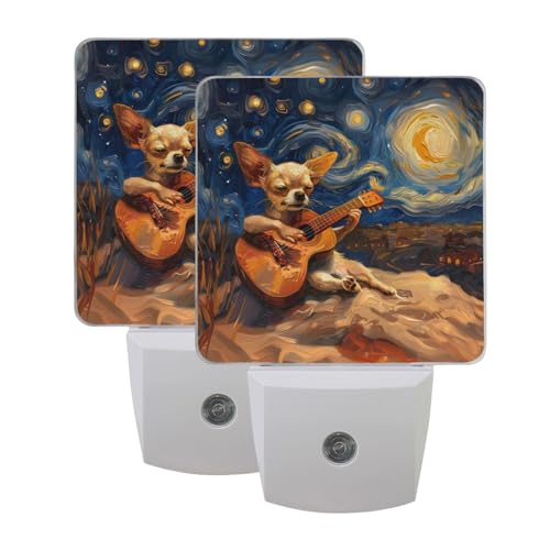 Image of Dog Play Guitar Night Lights 2 Pack Plug-in Wall Led Nightlight Auto Dusk-to-Dawn Sensor Lamps for Bedroom Kitchen Bathroom