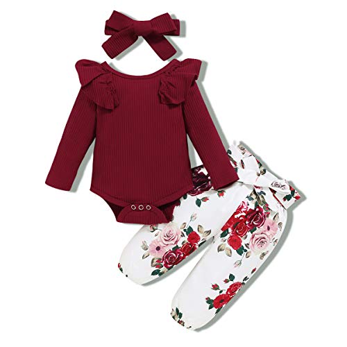 Image of Renotemy Newborn Baby Girl Clothes Outfits Infant Romper Ruffle Floral Pants Cute Toddler Baby Girl Clothes Set