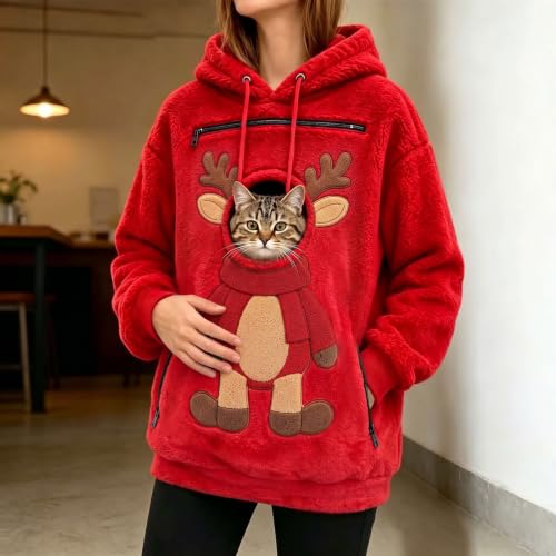 Christmas Sweatshirt for Women Fuzzy Fleece Pet Pouch Hoodie with Dog - image 2