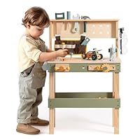 ROBOTIME Kids Wooden Tool Bench - Multi-Function Workbench Set with Tool Belt, Hammer, Wrench, Screwdriver, Gears & Drawing Paper – Creative Learning & Role Play Toy for Ages 3+ (Green)