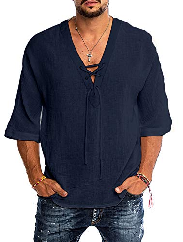 Heren zomer los hippie strandhemd opstaande kraag licht linnenmix