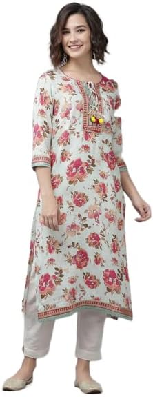 Rain & Rainbow Women Sea Green & Pink Floral Print Thread Work Straight Kurta