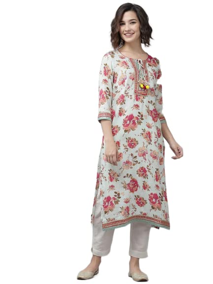 Rain & Rainbow Women Sea Green & Pink Floral Print Thread Work Straight Kurta