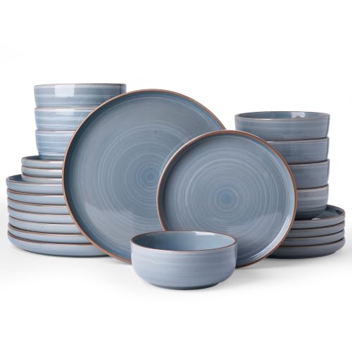 Image of Famiware Meteor 24-Piece Stoneware Dinnerware Set, Blue Gray | Plates and Bowls for 8, Reactive Glaze with Speckles & Circles, Microwave /Dishwasher Safe, Chip /Scratch Resistant