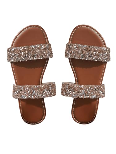 GORGLITTER Women's Sparkly Glitter Flats Sandal Sequin Two Band Open Toe Slip on Slides Wedding Sandals Brown 8