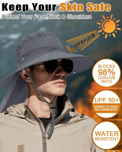 Image of Outdoor Sun Hats with Stowable Neck Flap for Men Women UPF 50+ Mesh Summer Bucket Hat Wide Brim for Fishing Safari Hiking