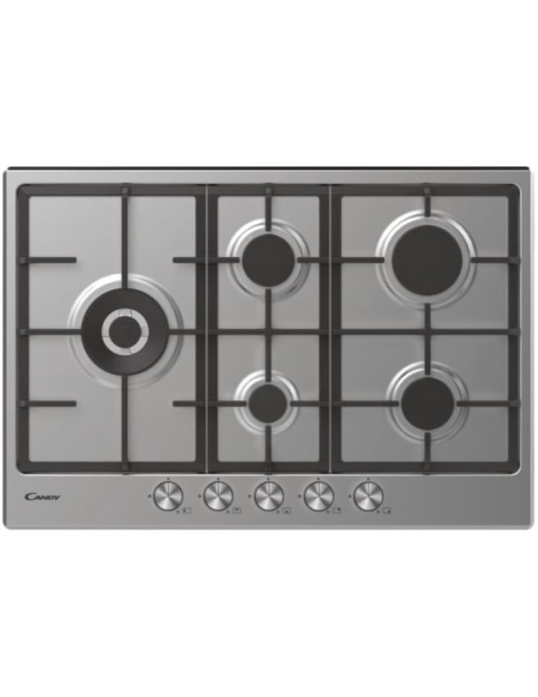 Candy Moderna Piano Cottura a Gas 5 Fuochi, Acciaio Inossidabile, Bruciatore a Doppia Corona, Griglie Lavabili in Lavastoviglie, AxLxP 0,8x74,5x51 cm, Color Inox - CHG7WL4WTX