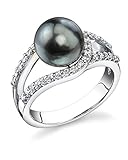 The Pearl Source Tahitian Pearl Ring for Women, 9-10mm Black Cultured Pearl, Ring Size 7.0, AA+ Grade, Sterling Silver, Classic Fine Jewelry Gift