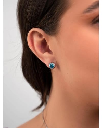 Conjunto de Colar e Brincos de Coração Azul Rodeado de Zircônias folheado em ródio branco