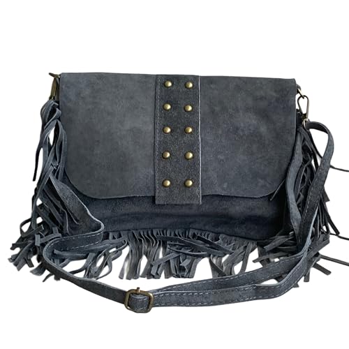 Bolso bandolera con flecos y tachuelas de ante italiano. Correa ajustable e intercambiable. Cierre de cremallera. Interior forrado con bolsillo incorporado. (Gris oscuro) Bolso bandolera con flecos y tachuelas de ante italiano. Correa ajustable e intercambiable. Cierre de cremallera. Interior forrado con bolsillo incorporado. (Gris oscuro)