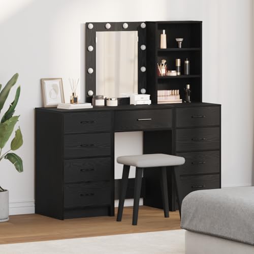 Teenpull Juego de tocador de 3 piezas, elegante, negro, con luces LED, espejo, gran espacio de almacenamiento, perfecto para dormitorio, construcción robusta de madera