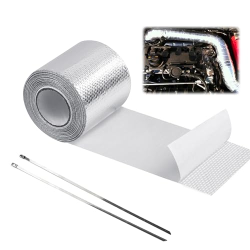 Nastro Isolante Termico, 5m x 5cm Nastro Termico Isolante con 2 Fascette Moto Nastro Benda Isolamento Termico Collettori di Scarico per Collettori di Scarico Moto e Auto, 1 Pezzi, Argento