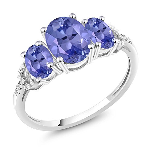 Gem Stone King 2.11 Cttw Oval Blue Tanzanite and Diamond Accent 3-Stone Engagement Ring | 10K White Gold | 3 Stone Wedding Anniversary Promise Ring For Women | Size 6