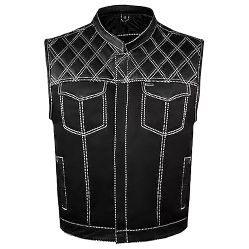 ZONY INC Men's Leather Denim Motorcycle Club Biker Vest with 2 Concealed Carry Pockets - (WHITE, Size- 3XL)