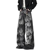 Men's Graffiti Denim Jeans - Paint Print Wide Leg Casual Comfort Artistic Dark Gray