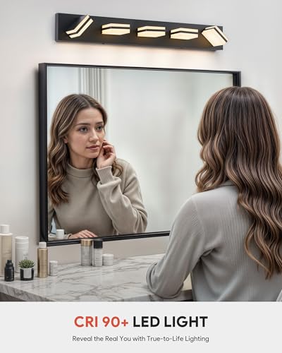 Image of VONLUCE Bathroom Vanity Light Fixture, 5-Light Modern LED Vanity Light, 3CCT Adjustable Bathroom Lights with Memory Function Rotatable Shades, 34 inch Wall Lighting Fixture Over Mirror, Matte Black