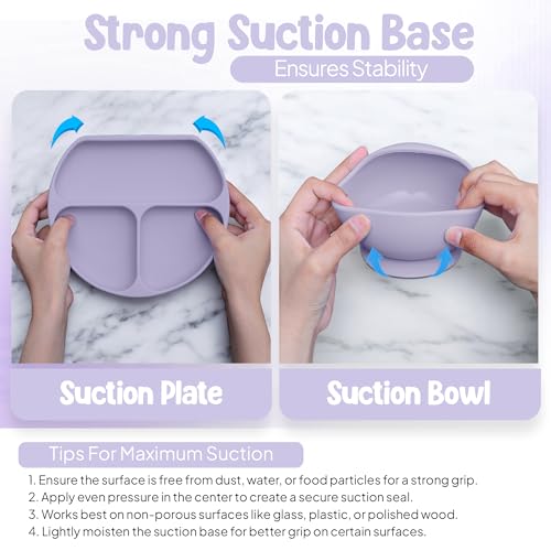 Image of O'doe 17 Pieces Baby LED Weaning Accessories for Toddlers, Baby Feeding Set | Suction Cup Silicone Baby Bowl, Self-Eating Utensils with Spoons, Cups, Bibs, Dinner Plate Set with | Purple, V2