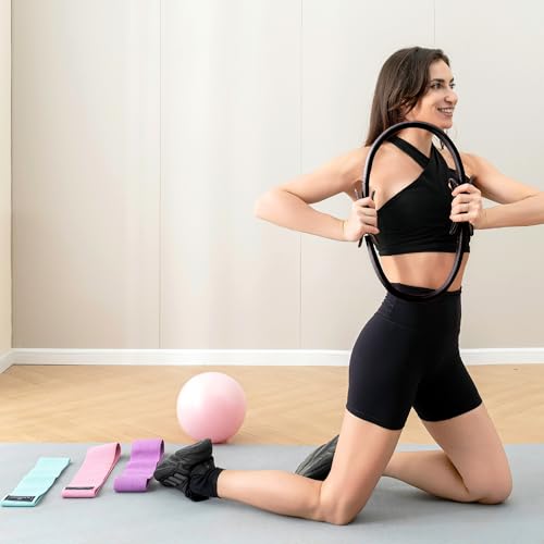 Gymyard Pilates Ring Kit with Mini Ball & 3 Resistance Bands, at Home Pilates Equipment Set for Toning, Strength & Core Work, 15'' Magic Circle & 3-Level Bands (Black)