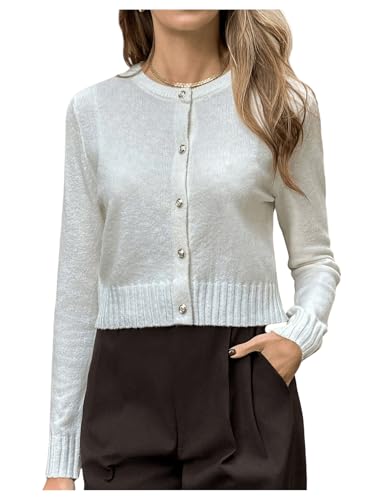 SweatyRocks Women's Button Up Cropped Cardigan Sweater Crewneck Long Sleeve Knit Outwear