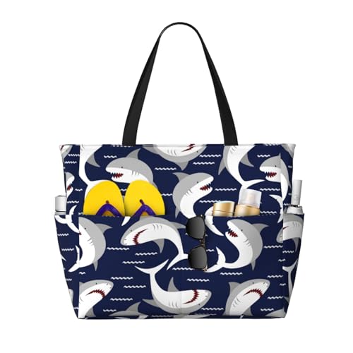 Angry Shark Print Large Beach Tote Bag for Women Extra Large Capacity Sandproof Waterproof Pool Bag Suitable for Swimming Pool Gym Groceries Travel