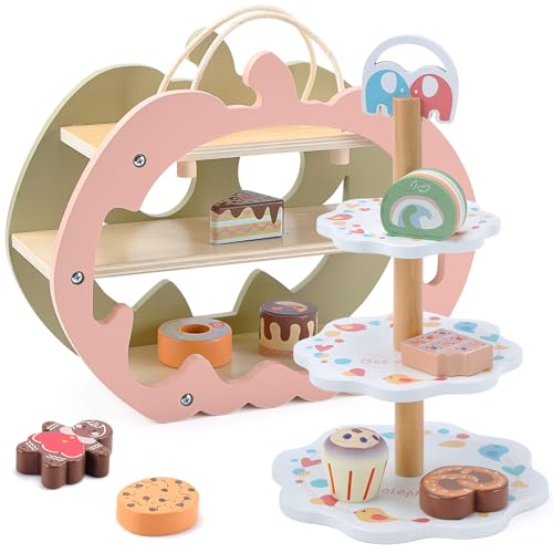 CUTE STONE Servizio da tè in legno per bambini, gioco d'imitazione con espositore double face, Cupcakes e dessert, giocattolo da cucina per ragazze e ragazzi da 3 a 6 anni