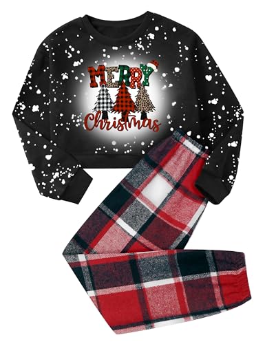 Image of BAVADER Girls Christmas Outfit - Tree Print Drop Shoulder Pullover Sweatshirt & Plaid Sweatpants Size 8-10