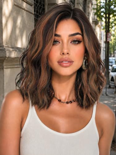 Image of Eawwii Wigs for Women Dark Brown Chestnut,Short Wavy Synthetic Lace Wig | Glueless 4x1 Lace Hairline, Heat-Resistant Fiber,Bob Wave Style,Natural Appearance for Everyday Cosplay 14 Inch