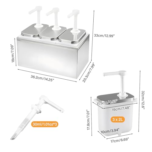 OCKYOOZ Sauce Dispenser Pump 6L, Stainless Steel Condiment Pump Station with 3 Jars, Condiment Pump Dispenser, Large Three Head Ketchup Dispenser