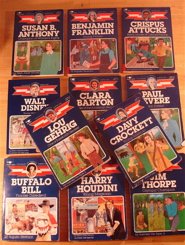 Boxed set: 11 Childhood of Famous Americans biographies: Buffalo Bill, Lou Gehrig, Crispus Attucks, Walt Disney, Susan B. Anthony, Benjamin Franklin, Clara Barton, Paul Revere, Davy Crockett, Jim Thorpe, Harry Houdini